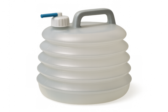 Collapsible water container with spigot on transparent background