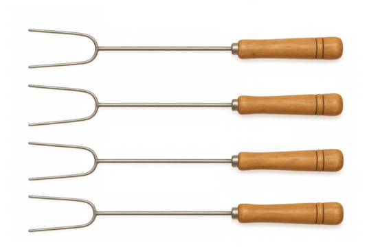 Four roasting forks with wooden handles on transparent background