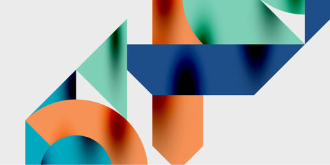 Obraz premium Abstract geometric shapes overlap, creating vibrant color gradients. Composition features blues, oranges, teals against white background.