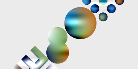 Abstract composition featuring colorful spheres, gradients, geometric shapes. Minimalist design with dynamic visual flow.