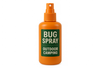 Orange bug spray bottle isolated on transparent background for outdoor camping