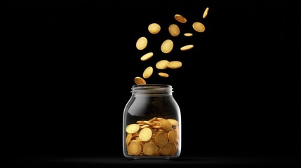 Golden coins falling into a glass jar a savings concept for wealth and prosperity