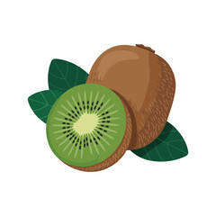 Obraz premium Whole kiwi and Half of fresh kiwi fruit with green leaf isolated on white background. Flat vector illustration