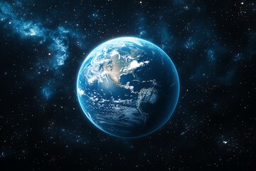 Obraz premium Stunning view of Earth from space, showcasing its vibrant blue oceans and swirling clouds against the backdrop of a star-filled cosmos.