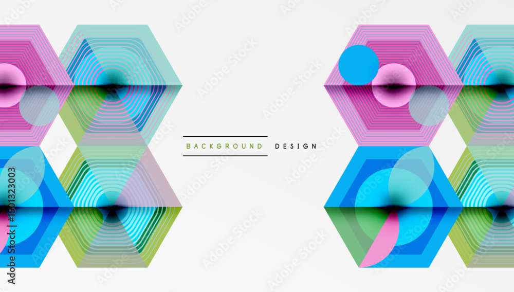 Aufkleber Abstract geometric patterns dominate image. Hexagons, circles overlap creating vibrant visual effect. Modern design elements present.