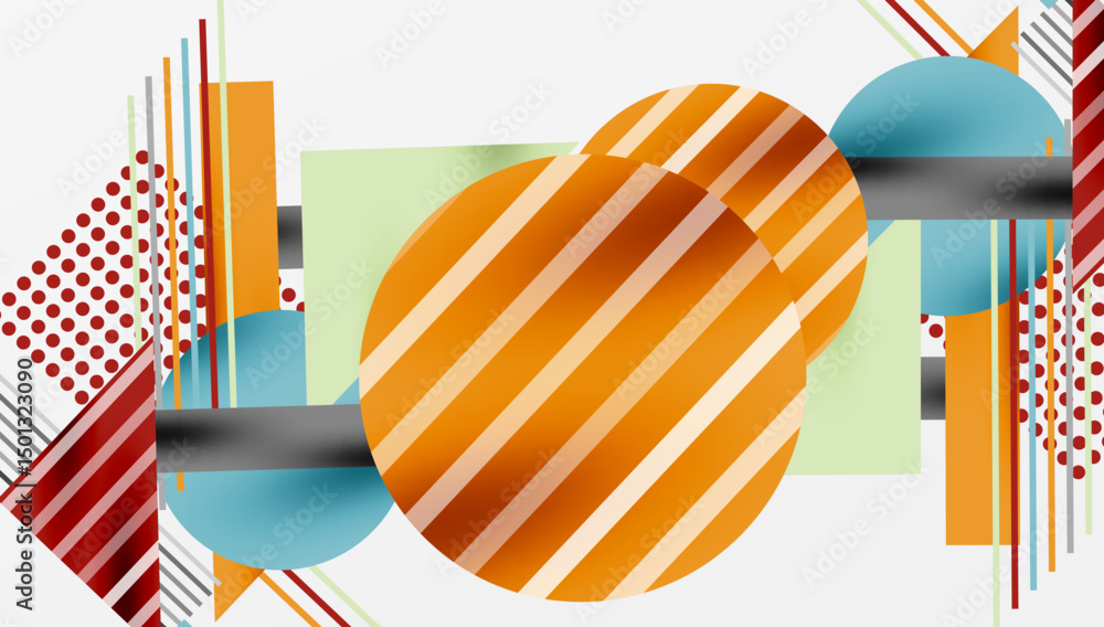 Aufkleber Abstract geometric composition. Stripes, circles, rectangles overlap creating dynamic visual effect. Warm, cool colors present.