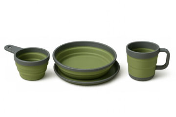 Collapsible silicone camping dishes on transparent background