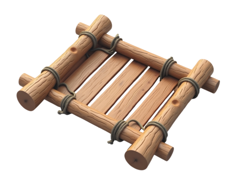 Wooden raft made of logs tied with rope, simple and rustic floating platform