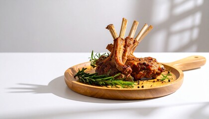 Roasted lamb chop juicy with a golden-brown crust at cream and white background