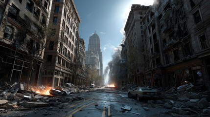 Destroyed buildings on city street after war or natural disaster. Vector cartoon illustration of abandoned broken houses with smoke and cracked road. Derelict town ruins after explosion or earthquake