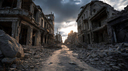 Destroyed buildings on city street after war or natural disaster. Vector cartoon illustration of abandoned broken houses with smoke and cracked road. Derelict town ruins after explosion or earthquake