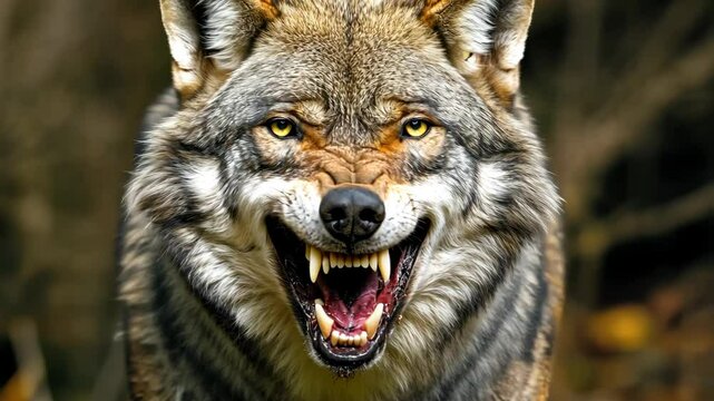 Aggressive Gray Wolf Close-up Portrait with Snarling Expression, Sharp Teeth, Yellow Eyes, and Detailed Fur Texture in Natural Outdoor Environment