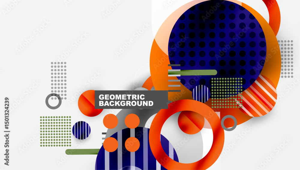Leinwandbilder Abstract geometric composition. Circles, rectangles overlap creating dynamic visual effect. Orange, navy, white dominate design.
