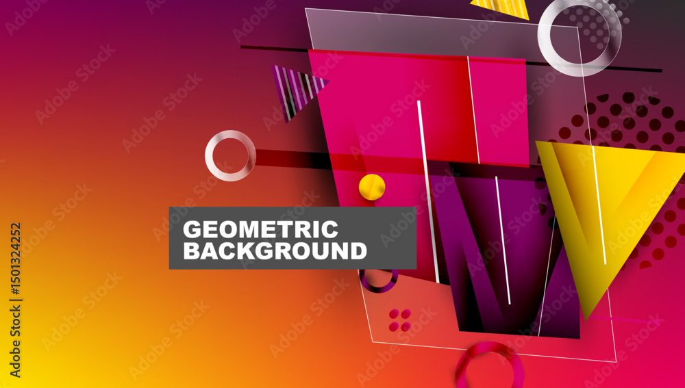 Poster vibrant geometric background features overlapping shapes, gradients, circles, squares, triangles. mo