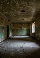 Obraz premium Photo of Abandoned Interior Room with Decayed Walls Green Paint and Grunge Texture