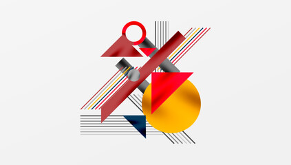 Abstract composition. Geometric shapes overlap, creating dynamic visual interest. Red, yellow, blue dominate neutral background.