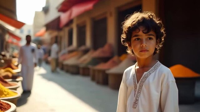 Algerian boy with dark curly hair, wearing a traditional white djellaba, stands in the bustling marketplace of Algiers on a bright, sunny day