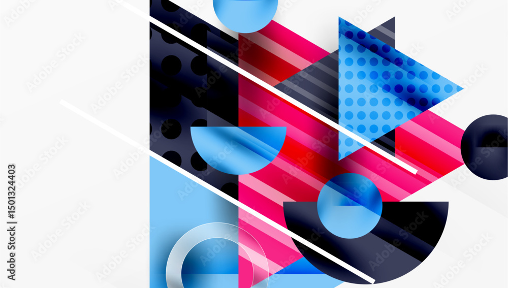 Fototapete Abstract geometric composition. Shapes overlap, creating dynamic visual effect. Colors include blue, pink, black, white. Modern design.
