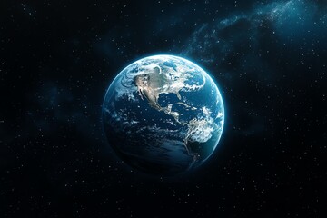 Fototapeta premium Stunning view of Earth from space, showcasing continents and swirling atmosphere against a backdrop of stars.
