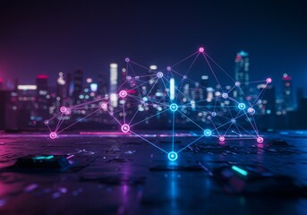 Photo of Abstract Digital Network Over City Skyline with Blue and Purple Lights