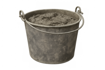 Old metal bucket holding sand or cement on transparent background