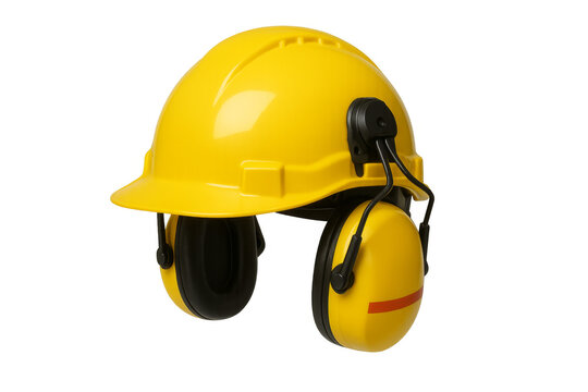 Yellow hard hat and ear protection on transparent background ensuring workplace safety