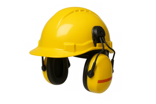 Yellow hard hat and ear protection on transparent background ensuring workplace safety