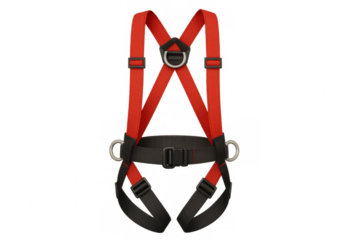 Red safety harness ensuring protection while working at height on transparent background