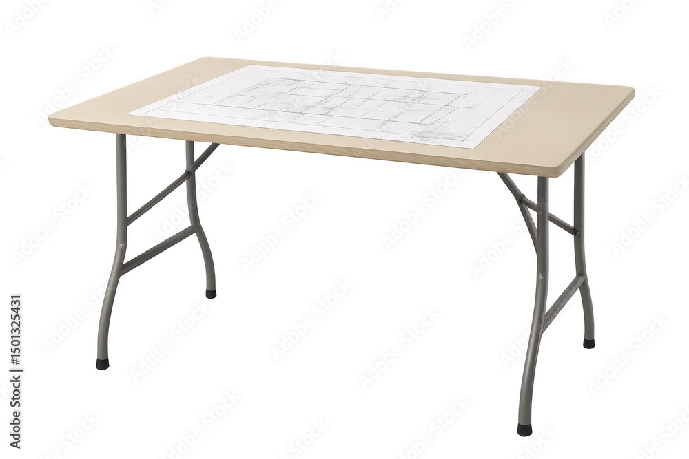 Poster folding table with blueprint on transparent background