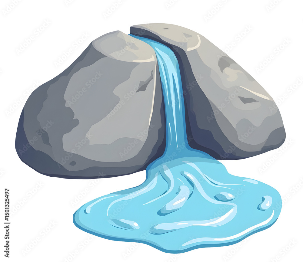 Poster blue water flowing between two large gray rock with smooth surface and natural shape