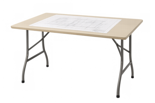 Folding table with blueprint on transparent background