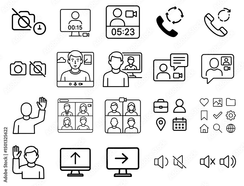 Poster remote work video call efficiency concept. icons representing digital communication and video confer