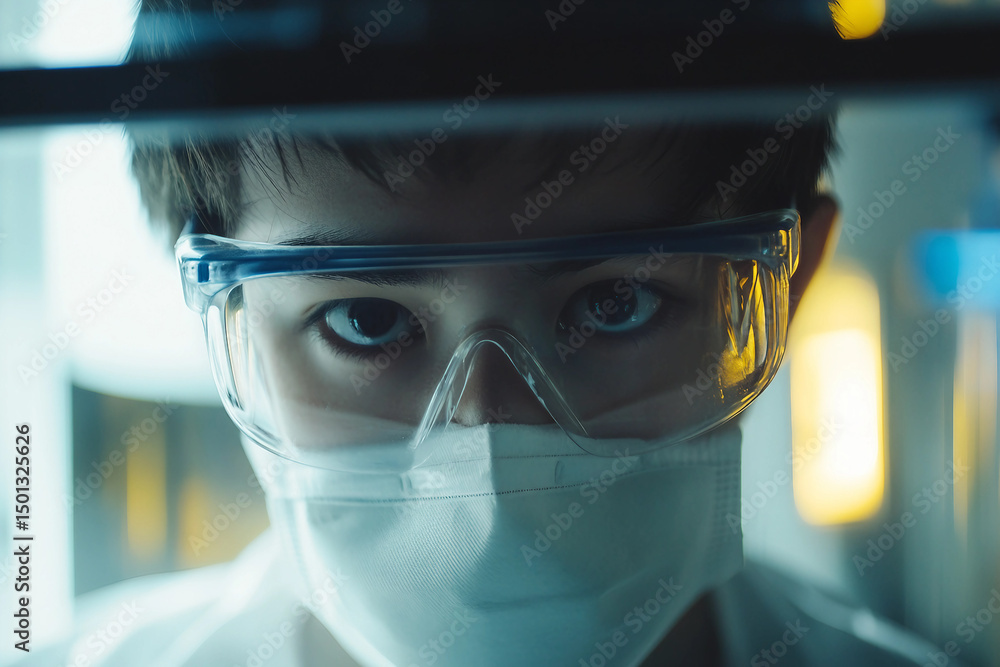 Poster curious young scientist examining laboratory glassware in a scientific experiment setting generative