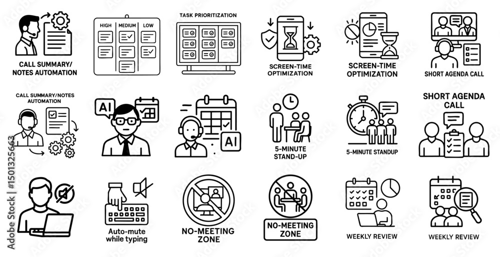 Aufkleber remote work video call efficiency concept. collection of icons related to productivity and virtual m
