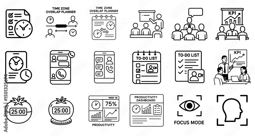 Poster remote work video call efficiency concept. productivity icons representing time management and plann
