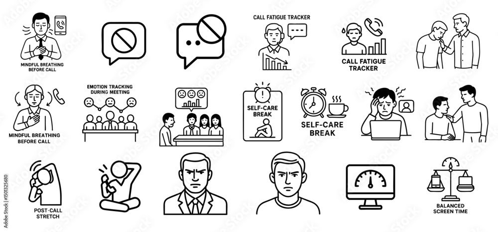 Poster remote work video call efficiency concept. illustrations of self-care and productivity concepts in a