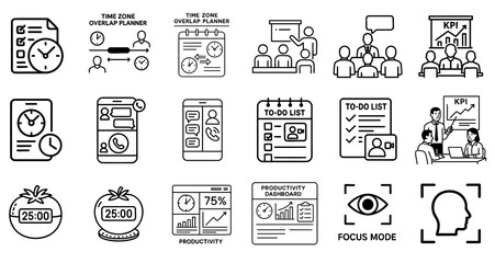 remote work video call efficiency concept. Productivity icons representing time management and planning tools.