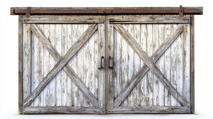 Sturdy barn doors made of aged wood showcase distinctive weathering and rustic character in a simple backdrop.