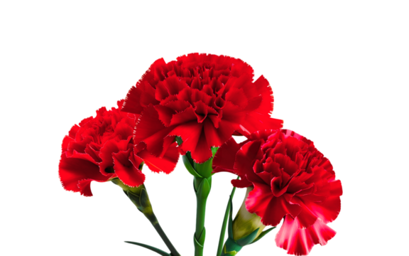 A highly detailed, vibrant red carnation bloom with delicate, curved petals and a slender, green stem, isolated on a pure white background, capturing the intricate texture and subtle sheen of the flow