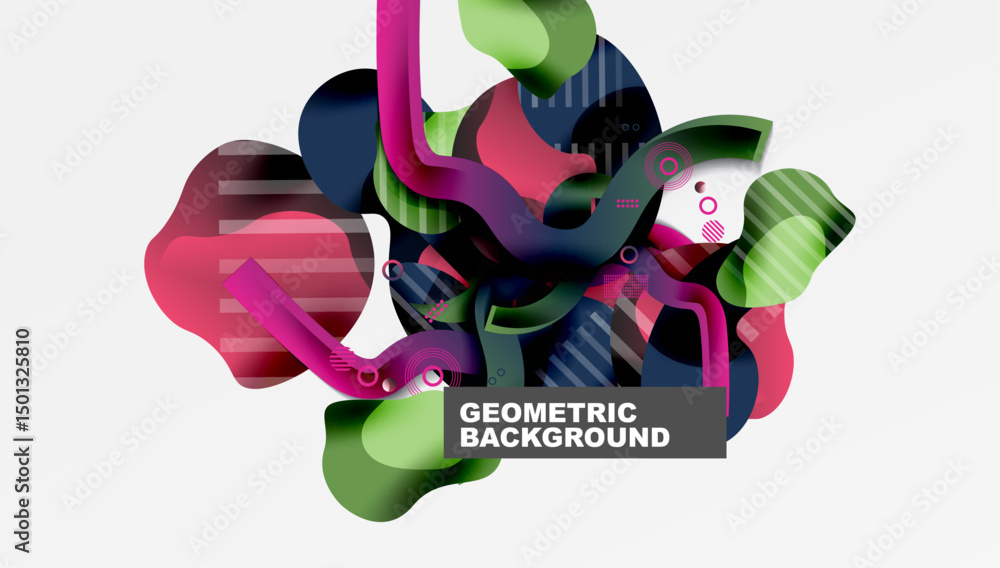 Aufkleber Abstract colorful shapes overlap, creating dynamic composition. Modern design features gradients, lines, circles. Background is white.