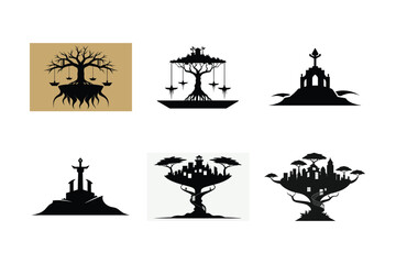 Vector set of religious symbols and icons featuring mosque silhouettes, vintage lamps, royal crowns, and heraldic ship designs