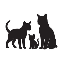 Cat Family Silhouette Female Cat, Kitten, and Male Cat in Natural Standing Pose - Domestic Pet Vector Illustration