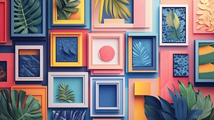 Colorful framed botanical art pieces arranged on a wall creating a vibrant display of nature and art