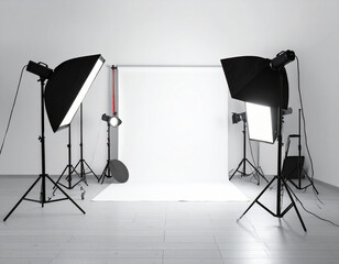 Modern photo studio featuring professional lighting equipment and clean backdrop, perfect for high quality photography