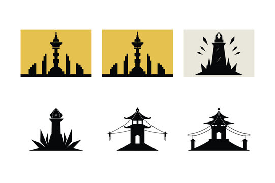 Vector icons set of church silhouettes with cross and people, a symbolic design illustration