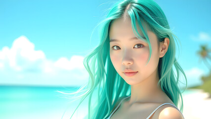 Naklejka premium Azure Whispers: A portrait of a girl with captivating teal hair, set against the backdrop of a serene beach scene. Her poised expression, coupled with the azure sky.