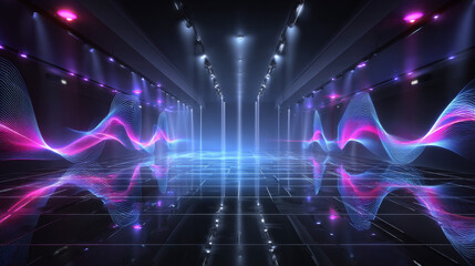 Abstract neon wave lines on black background. Vector realistic illustration of pink and blue light curves glowing on dark stage with reflection on glossy floor, led illumination, disco club decoration