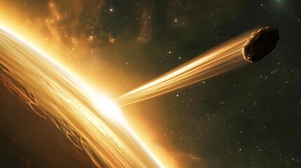 Wide view of a comet approaching a ringed gas giant planet