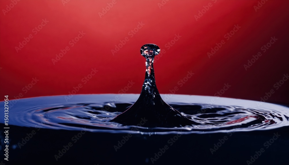 Poster macro water drop collision with crown splash in dark liquid on red gradient background for modern pr