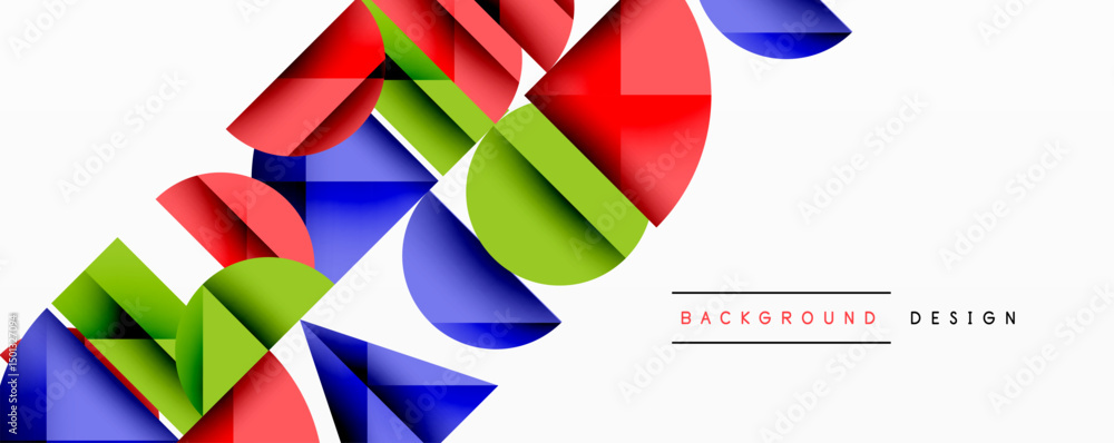 Poster Abstract geometric shapes overlap, creating dynamic composition. Bright colors contrast against white background. Modern design element.